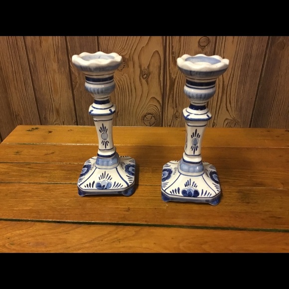 Delft Blue Hand Painted Ceramic candle sticks Vintage - Picture 1 of 4